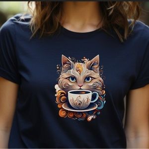 Custom Cat Coffee T-shirt, Size XL, Navy
